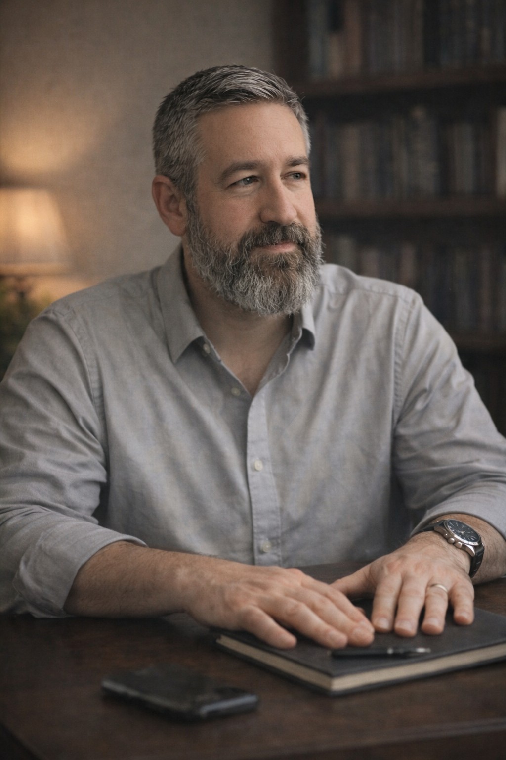 Landon Taylor Nelson at his desk with bookshelves, writer, speaker, and advisor on formation, leadership, and human flourishing
